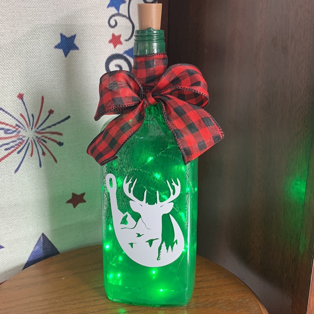 Hand Crafted Painted Green Bottle Lantern with Fish hook, Deer Design